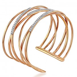 Slender bands of 18ct rose gold and rows of brilliant diamonds interlock to lend this beautiful cuff bracelet a feminine yet striking presence.  Slender bands of 18ct rose gold and rows of brilliant diamonds interlock to lend this beautiful cuff bracelet a feminine yet striking presence.
