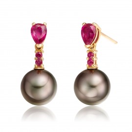 Tehitian Pearl With Pink Ruby Earring Made In 14K White Gold Tehitian Pearl With Pink Ruby Earring Made In 14K White Gold