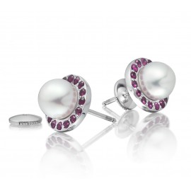 Freshwater Pearl With Pink Ruby Earring Made In 14K White Gold Freshwater Pearl With Pink Ruby Earring Made In 14K White Gold