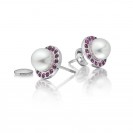 Freshwater Pearl With Pink Ruby Earring Made In 14K White Gold