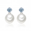 Freshwater Pearl With Aquamarine Earring Made In 14K White Gold