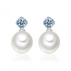 Freshwater Pearl With Aquamarine Earring Made In 14K White Gold Freshwater Pearl With Aquamarine Earring Made In 14K White Gold