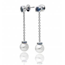 Freshwater Pearl With Blue Sapphire  Earring Made In 14K White Gold Freshwater Pearl With Blue Sapphire  Earring Made In 14K White Gold