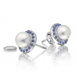 Freshwater Pearl With Blue Sapphire Earring Made In 14K White Gold Freshwater Pearl With Blue Sapphire Earring Made In 14K White Gold