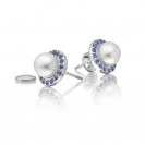Freshwater Pearl With Blue Sapphire Earring Made In 14K White Gold