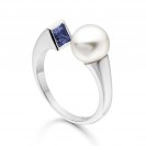 Freshwater Pearl And Blue Sapphire Ring Made In 14K White Gold