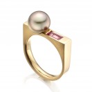 Tehitian Pearl And Pink Sapphire Ring Made 14K Yellow Gold