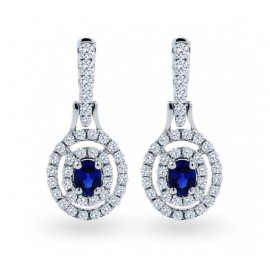 Double Halo Blue Sapphire And Diamond  Earrings In 14k White Gold (0.75 Ct)    Double Halo Blue Sapphire And Diamond  Earrings In 14k White Gold (0.75 Ct)
