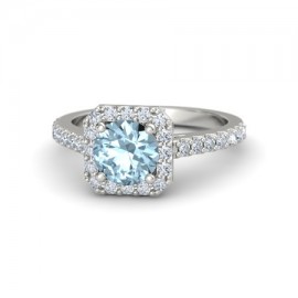 Round Cut Aquamarine with a Cluster of Diamond in 14K White Gold (1.14ct Aquamarine)